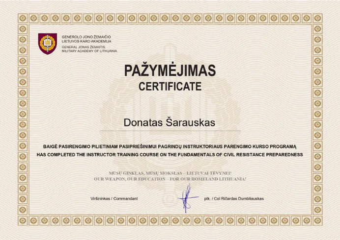 Generolo Jono Žemaičio Lietuvos karo akademijos pažymėjimas — pasirengimo pilietiniam pasipriešinimui pagrindų instruktoriaus parengimo kursas