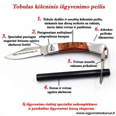 Išgyvenimo rinkinys, ugnies skeltuvas, ugnies skiltuvas, titnagas, kišeninis peilis, daiktai išgyvenimui