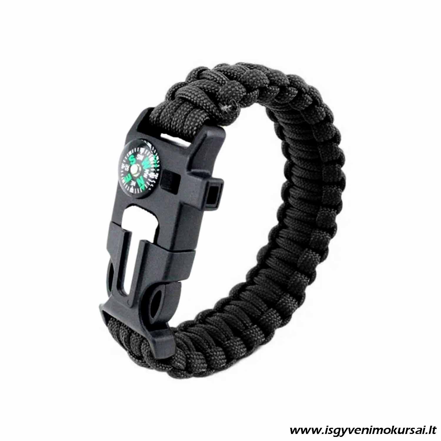 Išgyvenimo apyrankė-ugnies skeltuvas, mutifuncinis rinkinys, išgyvenimo rinkinys, išgyvenimo kuprinė, kompasas, virvutė Išgyvenimo apyrankė, išgyvenimo rinkinys