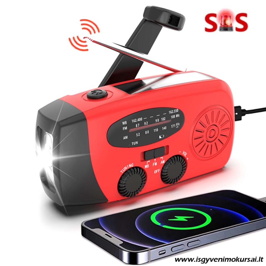 Radijas su žibintuvėliu, power bank ir dinama
