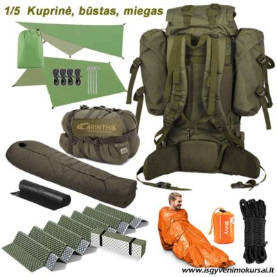 Išgyvenimo kuprinė ekstremalioms situacijoms – profesionaliai sukomplektuotas išgyvenimo rinkinys su žieminiu miegmaišiu, didele patogia kuprine, saulės baterijomis, power bank, smūgiams atspariu telefonu ir vandens filtru