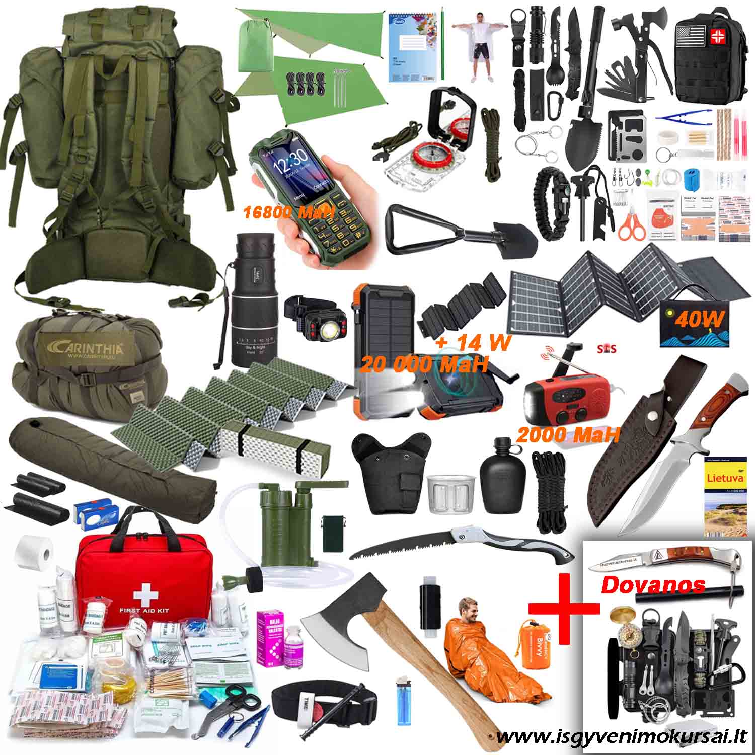 Išgyvenimo kuprinė PRO, sukomplektuota didelė išgyvenimo kuprinė, išgyvenimo rinkinys, ugnies skeltuvas, taktinis peilis, pjūklas, kastuvas, pirmosios pagalbos vaistinėlė Išgyvenimo kuprinė ekstremalioms situacijoms – profesionaliai sukomplektuotas išgyvenimo rinkinys su žieminiu miegmaišiu, didele patogia kuprine, saulės baterijomis, power bank, smūgiams atspariu telefonu ir vandens filtru