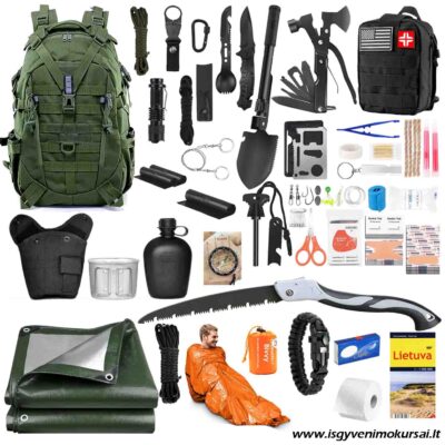 Išgyvenimo kuprinė ekstremalioms situacijoms – profesionaliai sukomplektuotas išgyvenimo rinkinys su peiliu, ugnies skeltuvu, katiliuku, pjūklu, tentu ir daug kitų išgyvenimui ir stovyklavimui skirtų įrankių