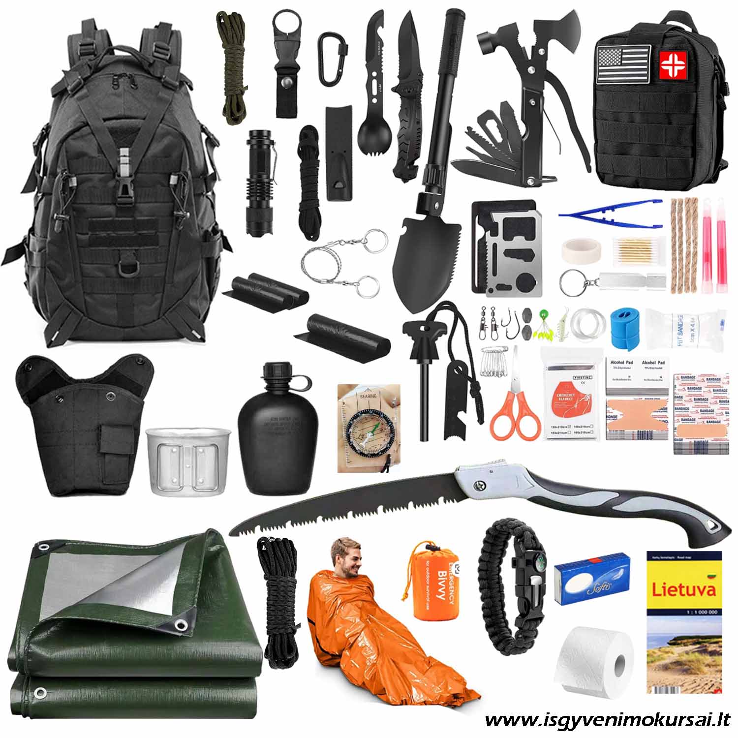 Išgyvenimo kuprinė, sukomplektuota mažą išgyvenimo kuprinė, išgyvenimo rinkinys, ugnies skeltuvas, taktinis peilis, pjūklas, kastuvas, pirmosios pagalbos vaistinėlė Išgyvenimo kuprinė ekstremalioms situacijoms – profesionaliai sukomplektuotas išgyvenimo rinkinys su peiliu, ugnies skeltuvu, katiliuku, pjūklu, tentu ir daug kitų išgyvenimui ir stovyklavimui skirtų įrankių