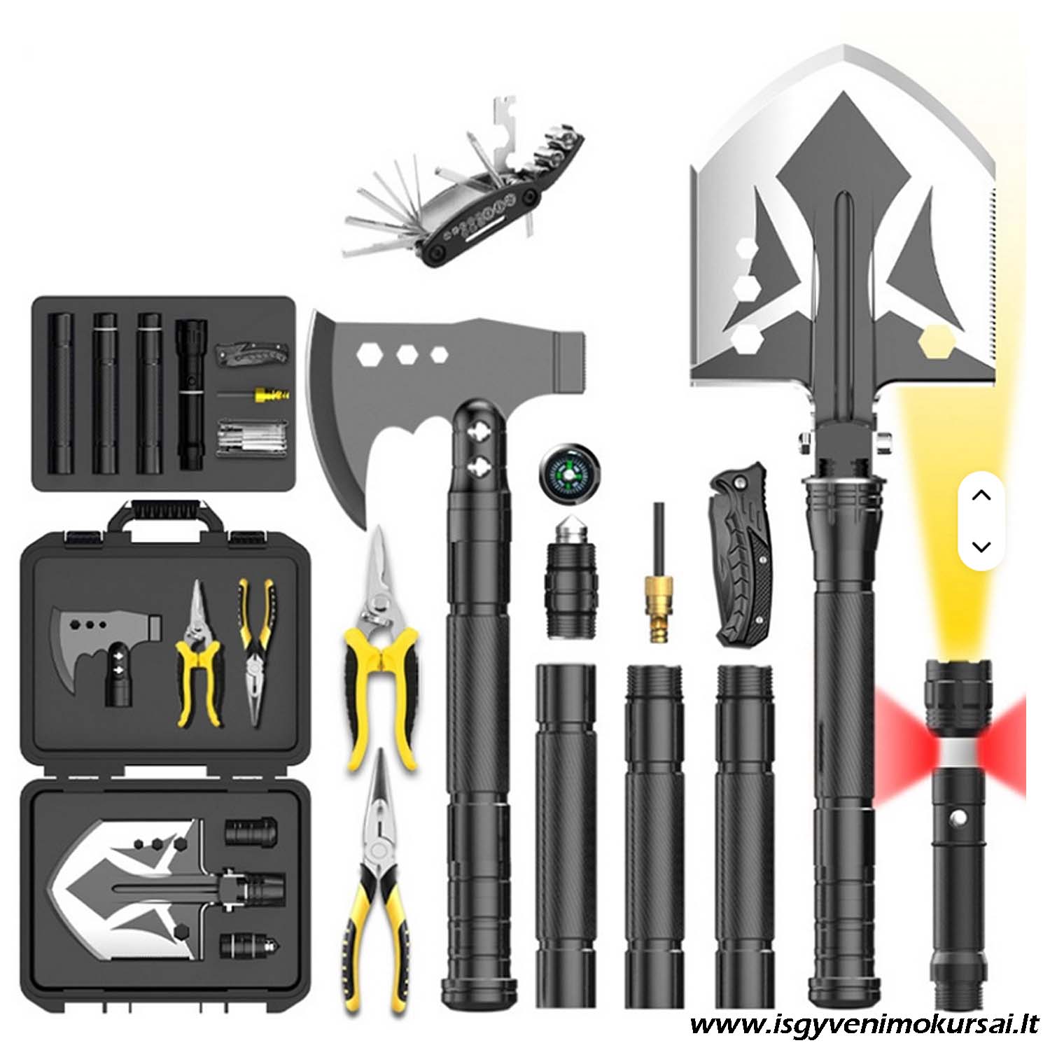 Isgyvenimo-rinkinys-lagamine-su-kastuvu-kirviu-peiliu-ugnies-skeltuvu-prozektoriumi-kompasu-replemis Išgyvenimo rinkinys lagamine su kirviu ir kastuvu