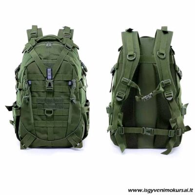 Žalia 25 litrų talpos kuprinė kelionėms, žygiams, išgyvenimo kuprinei ir kasdieniam naudojimui