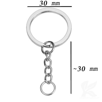 Metalinis raktų žiedas (raktų pakabuko žiedas) su grandinėle, 30 mm, plokščias dizainas