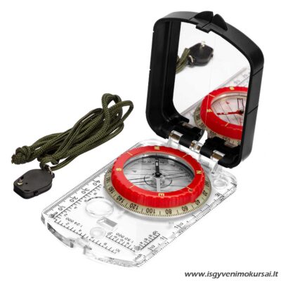 Profesionalus kompasas su veidrodėliu, mastelio liniuote ir LED lempute