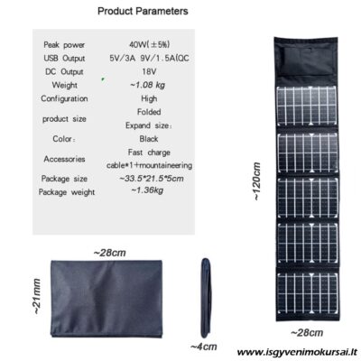 40W portatyvinė saulės panelė su greituoju krovimu ir trimis integruotais laidais