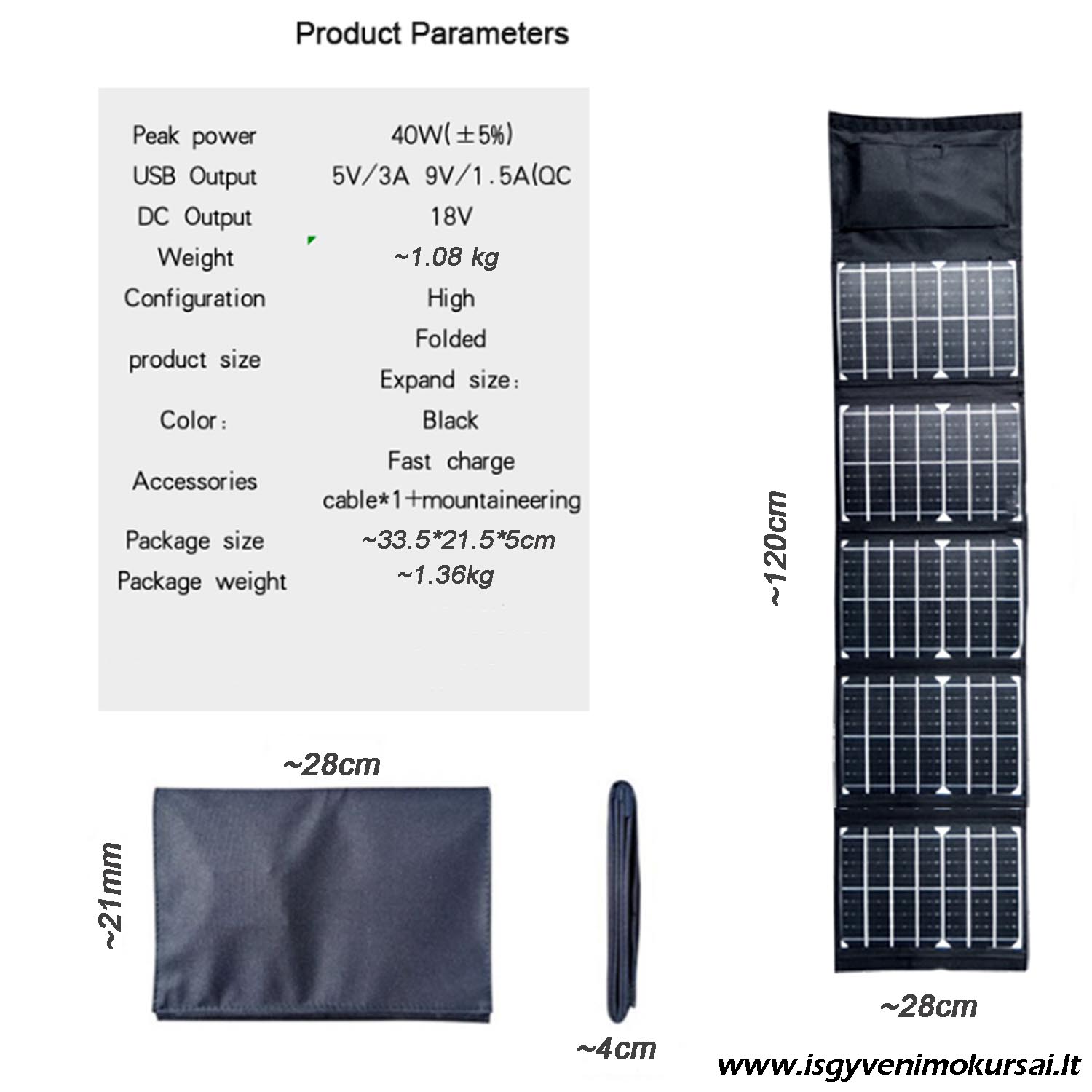 40w-portatyvine-saules-panelė-krovimui-gamtoje 40W portatyvinė saulės panelė su greituoju krovimu ir trimis integruotais laidais