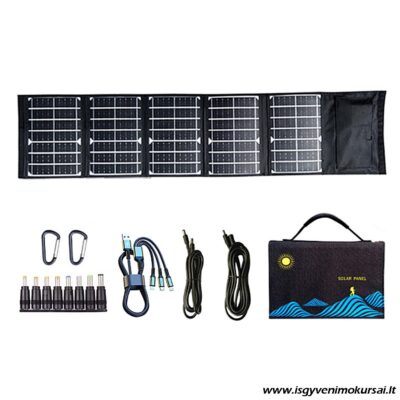 Nešiojama 40W saulės baterija su USB-C, Lightning ir Micro USB laidais greitam įrenginių krovimui gamtoje