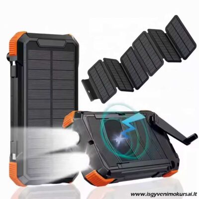 20 000 mAh power bank su 14W saulės baterija, rankine dinama, LED prožektoriumi ir kaitinimo tašku išgyvenimui gamtoje