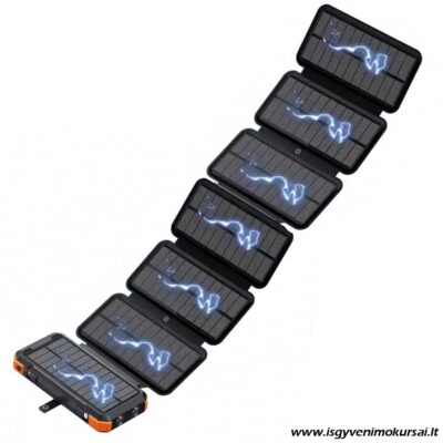 ALT tekstas Power bank su 14W saulės baterija kraunamas saulės energija gamtoje