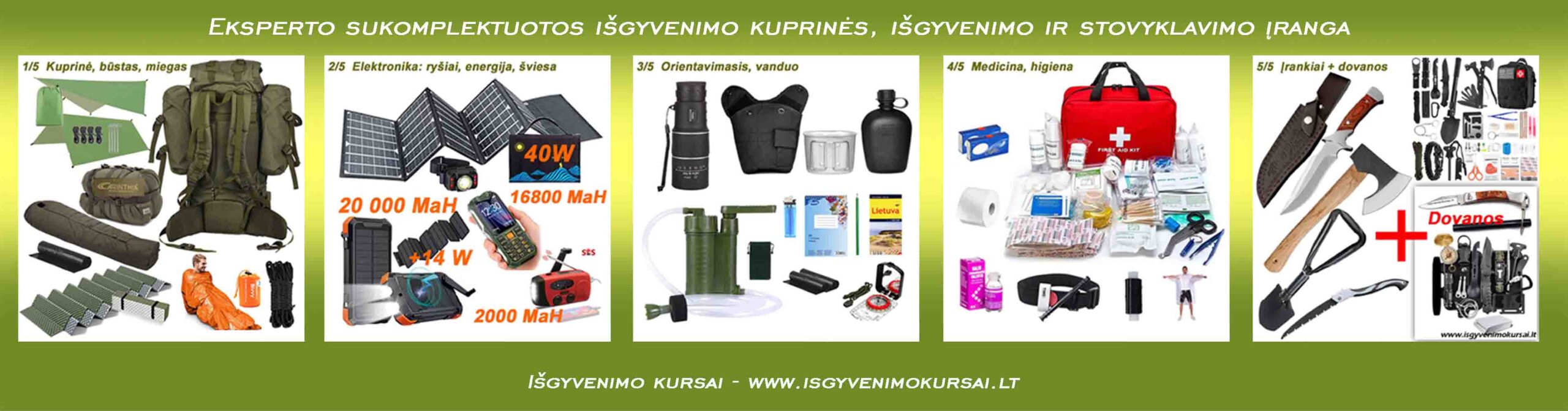 Išgyvenimo kuprinė ekstremalioms situacijoms – profesionaliai sukomplektuotas išgyvenimo rinkinys su žieminiu miegmaišiu, didele patogia kuprine, saulės baterijomis, power bank, smūgiams atspariu telefonu ir vandens filtru